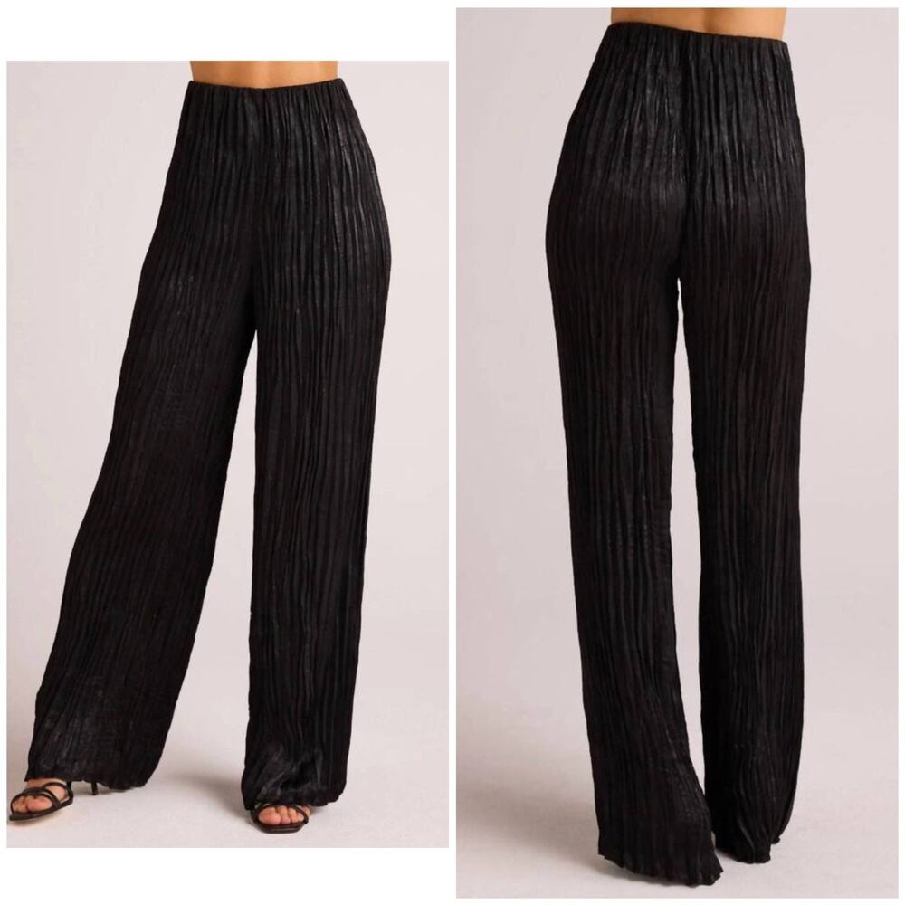Bella Dahl Black Pleated Silky Finish Wide Leg Pants Women’s SZ S Elastic Waist